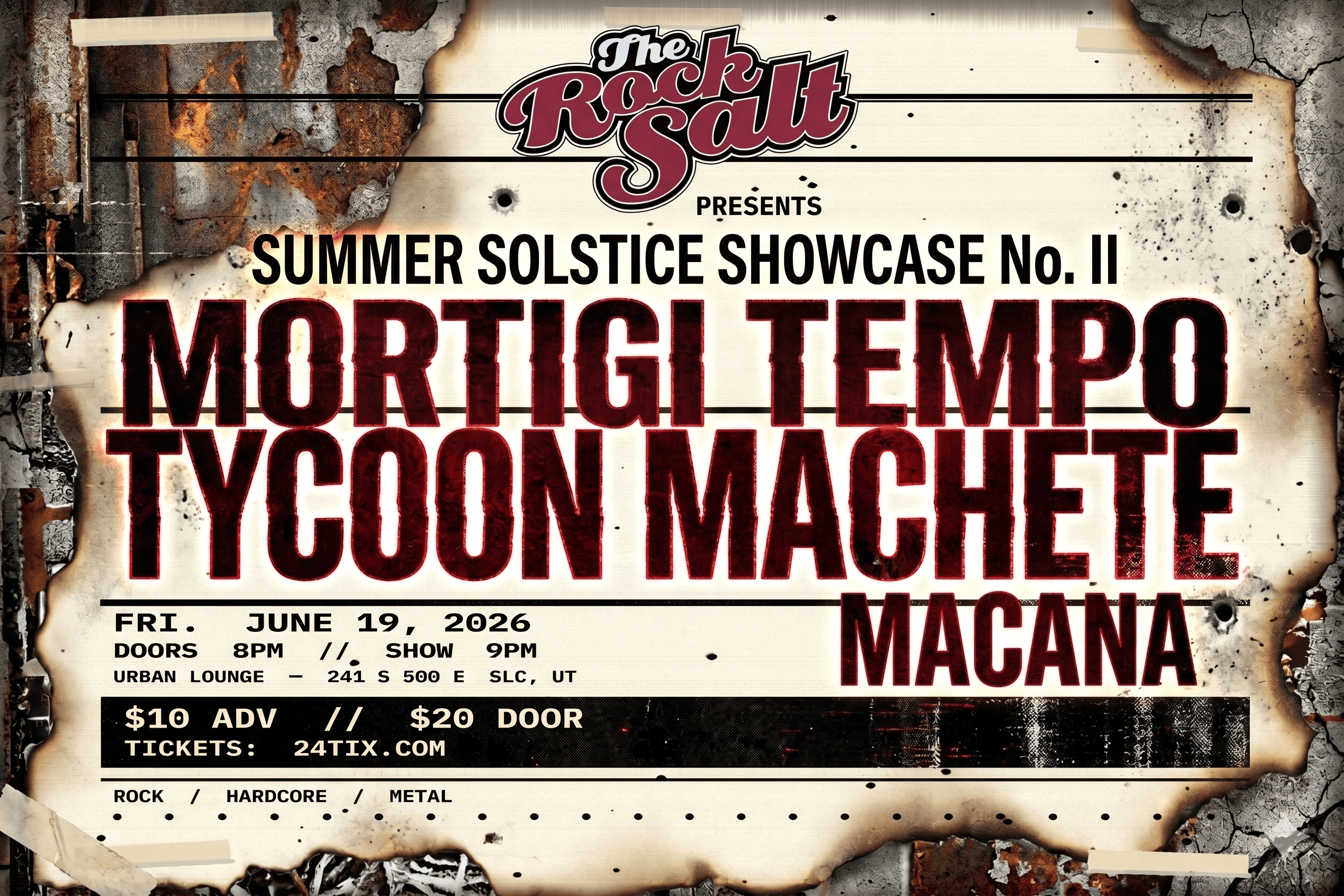 Summer Solstice Showcase flyer featuring Mortigi Tempo, Tycoon Machete, and Macana