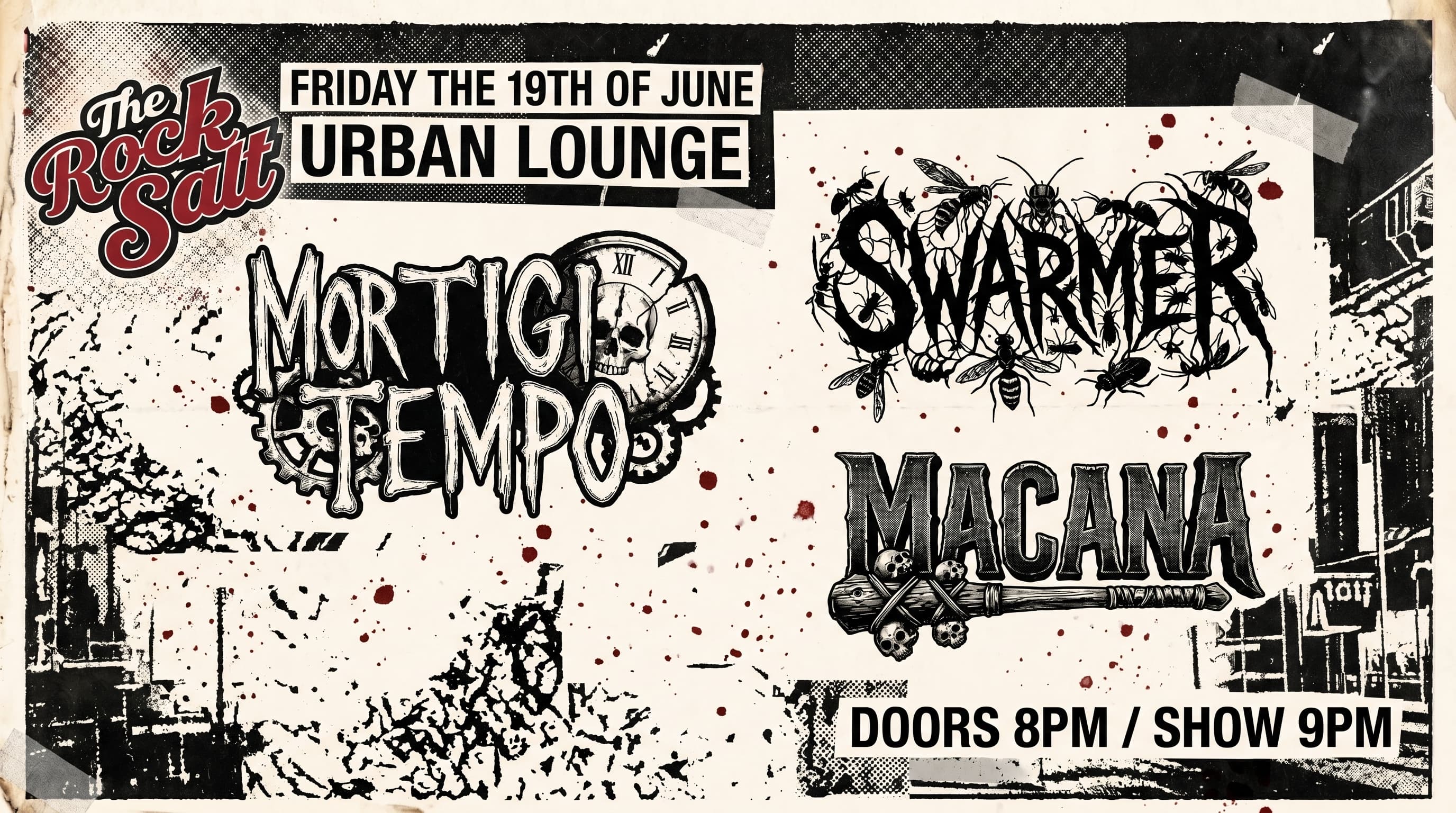Summer Solstice Showcase flyer featuring Mortigi Tempo, Swarmer, and Macana